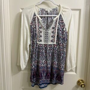 White & Blue Printed Peasant Top